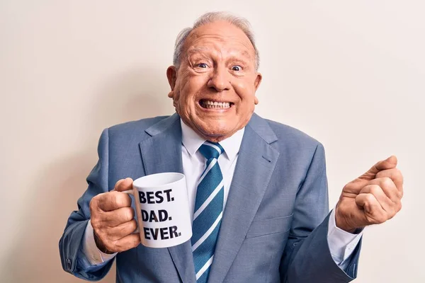 Handsome Grey Haired Man Wearing Suit Drinking Cup Coffee Best — Stock Photo, Image