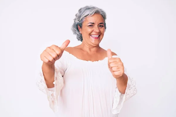 Senior Hispanic Grey Haired Woman Wearing Casual Clothes Approving Doing — Stock Photo, Image