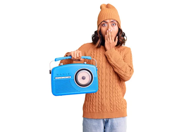 Young Beautiful Mixed Race Woman Holding Vintage Radio Covering Mouth — Stock Photo, Image