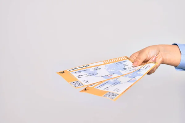 Hand Caucasian Young Woman Holding Boarding Pass Airlane Isolated White — Stock Photo, Image