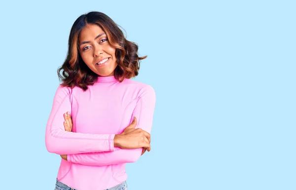 Young Beautiful Mixed Race Woman Wearing Pink Shirt Happy Face — Stock Photo, Image