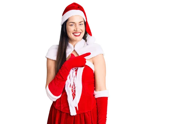 Mladá Krásná Běloška Kostýmu Santa Clause Veselá Úsměvem Tváři Ukazující — Stock fotografie