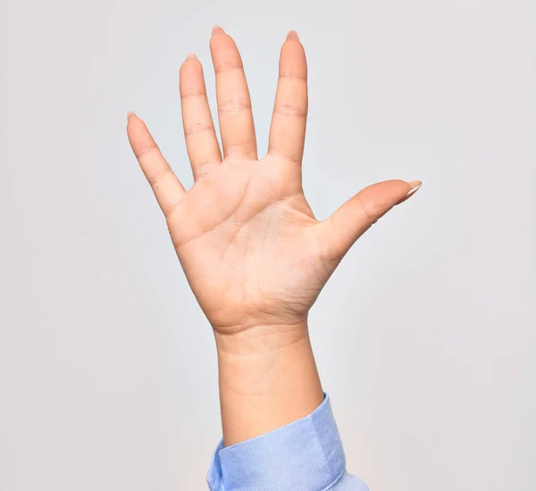 Hand Caucasian Young Woman Showing Number Five Opened Palm Streched — Stock Photo, Image