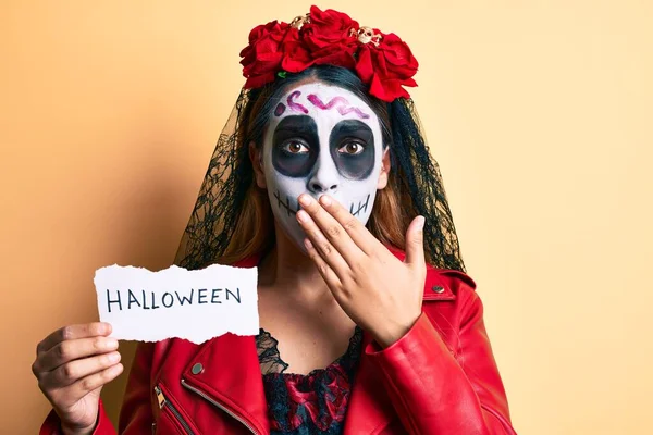 Woman Wearing Day Dead Costume Holding Halloween Paper Covering Mouth — Stock Photo, Image