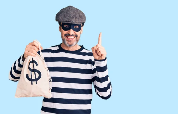 Middle Age Handsome Man Wearing Burglar Mask Holding Money Bag — Stock Photo, Image