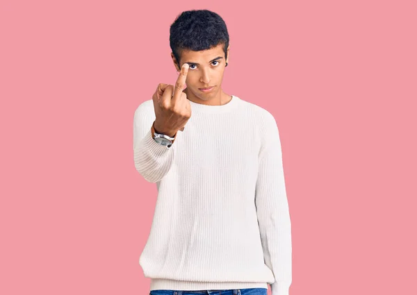 Young African Amercian Man Wearing Casual Clothes Showing Middle Finger — Stockfoto