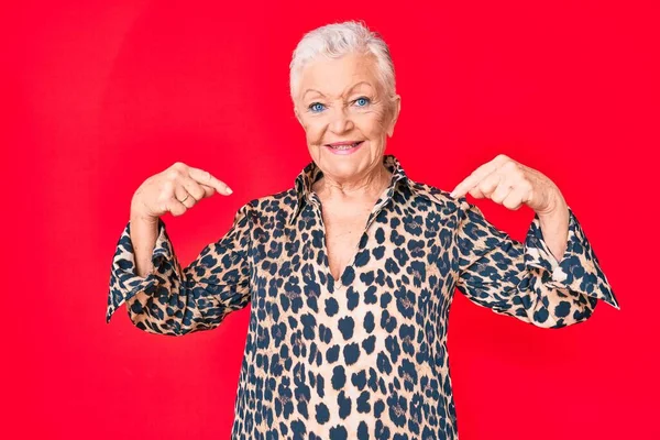 Senioren Mooie Vrouw Met Blauwe Ogen Grijs Haar Dragen Casual — Stockfoto