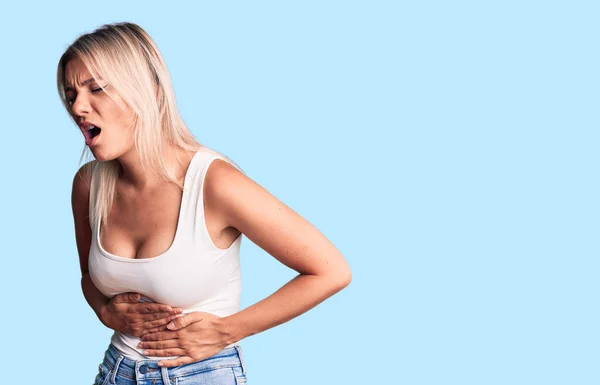 Young Beautiful Blonde Woman Wearing Casual Sleeveless Shirt Hand Stomach — Stock Photo, Image