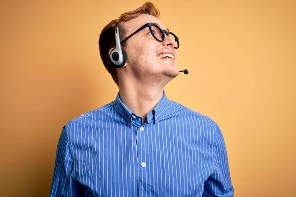 Young Handsome Redhead Call Center Agent Man Wearing Glasses Working — Stock Photo, Image