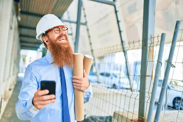 Young Redhead Architect Man Long Beard Wearing Hardhat Smiling Happy — Stock Photo, Image
