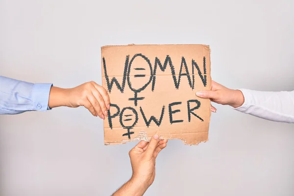 Hands Caucasian People Asking Women Rights Holding Banner Woman Power — Stock Photo, Image