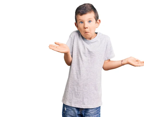 Cute Blond Kid Wearing Casual Clothes Clueless Confused Expression Arms — Stock Photo, Image