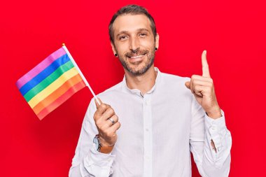 Elinde gökkuşağı lgbtq bayrağı tutan genç yakışıklı bir adam bir fikir veya soruyla gülümsüyor ve mutlu bir yüzle işaret ediyor. 