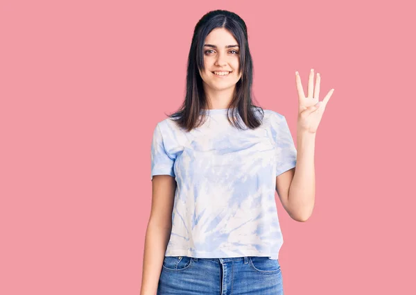 Young Beautiful Girl Wearing Casual Shirt Showing Pointing Fingers Number — Stock Photo, Image