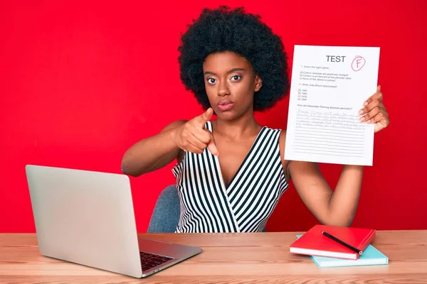 Young african american woman showing a failed exam pointing with finger to the camera and to you, confident gesture looking serious