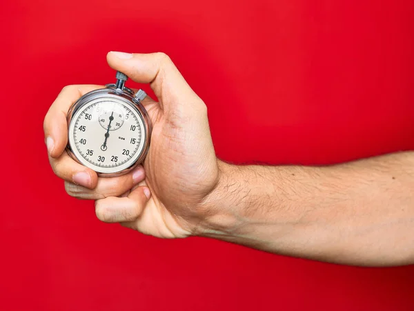 Mooie Hand Van Man Die Stopwatch Doet Countdown Geïsoleerde Rode — Stockfoto