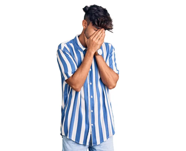 Young Hispanic Man Wearing Casual Clothes Sad Expression Covering Face — Stock Photo, Image