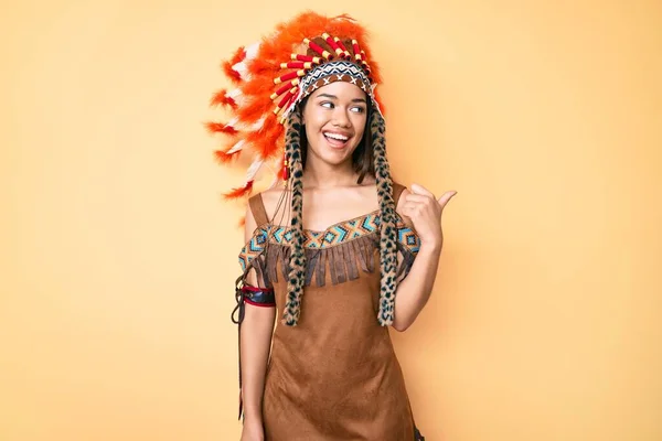 Young Beautiful Latin Girl Wearing Indian Costume Smiling Happy Face — Stock Photo, Image