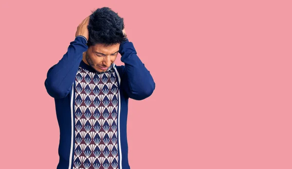 Handsome Latin American Young Man Wearing Casual Winter Sweater Suffering — Stock Photo, Image