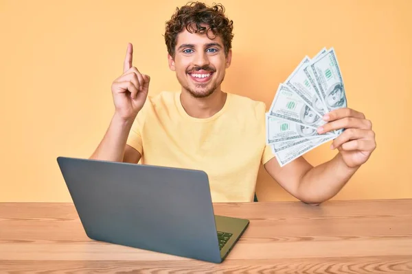 Young Caucasian Man Curly Hair Working Using Computer Laptop Holding — Stock Photo, Image