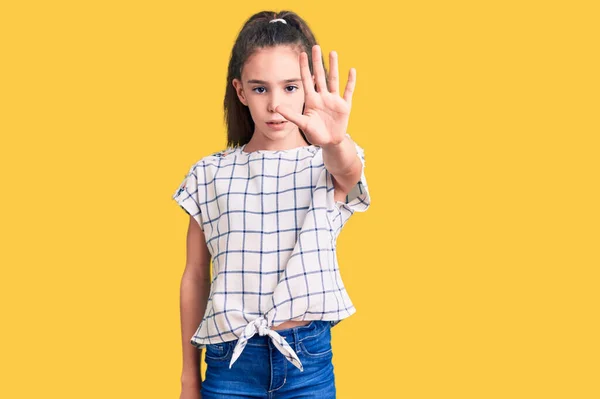 Cute Hispanic Child Girl Wearing Casual Clothes Doing Stop Sing — Stock Photo, Image