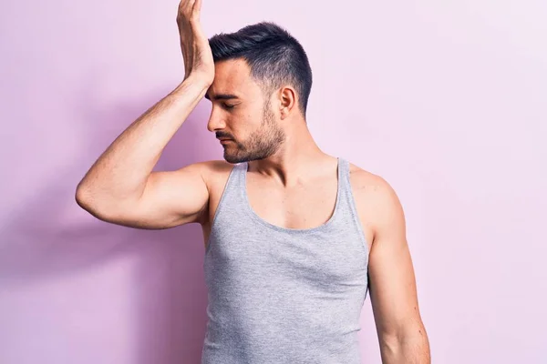 Young Handsome Man Beard Wearing Casual Sleeveless Shirt Pink Background — Stock Photo, Image