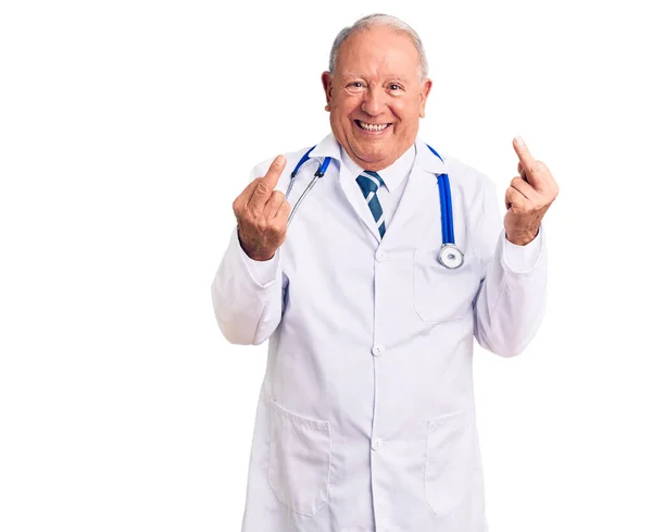 Senior Handsome Grey Haired Man Wearing Doctor Coat Stethoscope Showing — стоковое фото