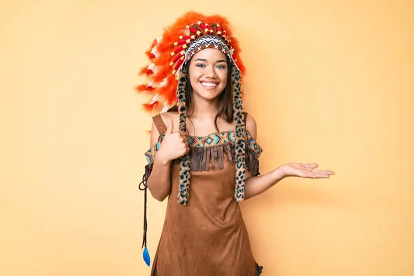 Young Beautiful Latin Girl Wearing Indian Costume Showing Palm Hand — Stock Photo, Image