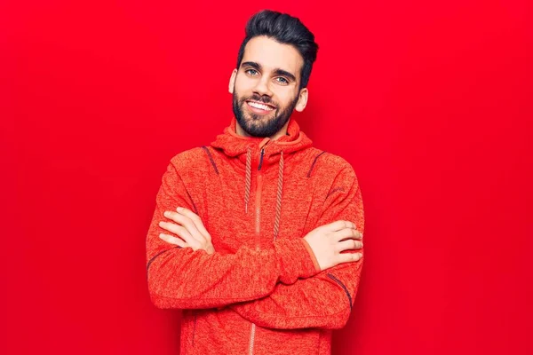Junger Gutaussehender Mann Mit Bart Und Lässigem Sweatshirt Mit Glücklichem — Stockfoto