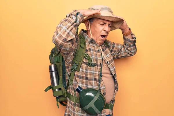 Senior Man Grey Hair Wearing Hiker Backpack Water Canteen Hand — Stock Photo, Image