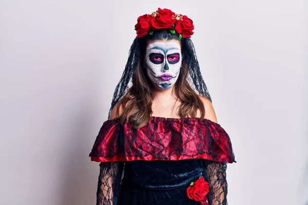 Young Woman Wearing Day Dead Costume White Depressed Worry Distress — Stock Photo, Image