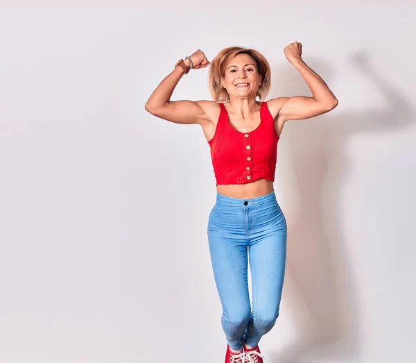 Young Beautiful Woman Wearing Casual Clothes Smiling Happy Jumping Smile — Stock Photo, Image