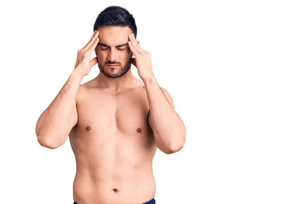 Young Handsome Man Wearing Swimwear Suffering Headache Desperate Stressed Because — Stock Photo, Image