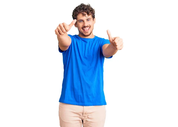 Young Handsome Man Curly Hair Wearing Casual Clothes Approving Doing — Stock Photo, Image