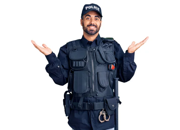 Young Hispanic Man Wearing Police Uniform Smiling Showing Both Hands — Stock Photo, Image