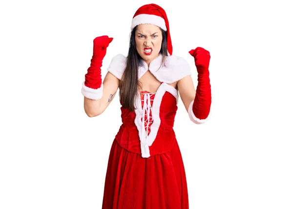Jovem Bela Mulher Caucasiana Vestindo Traje Papai Noel Irritado Louco — Fotografia de Stock