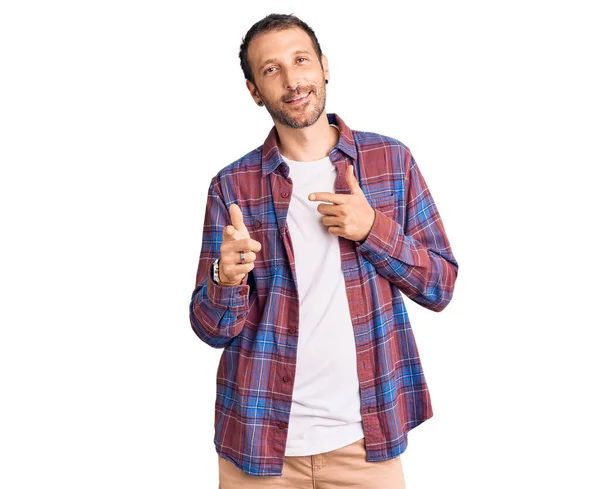 Young Handsome Man Wearing Casual Clothes Pointing Fingers Camera Happy — Stock Photo, Image