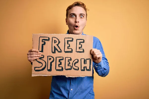 Young Handsome Redhead Man Asking Freedom Holding Banner Free Speech — Stock Photo, Image