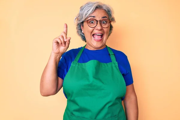 Ältere Hispanische Frau Mit Schürze Und Brille Zeigt Mit Erhobenem — Stockfoto