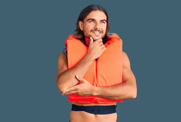 Young Handsome Man Wearing Nautical Lifejacket Hand Chin Thinking Question — Stock Photo, Image