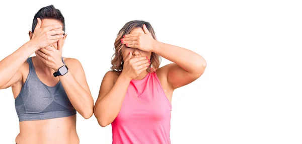 Couple Women Wearing Sportswear Covering Eyes Mouth Hands Surprised Shocked — Stock Photo, Image