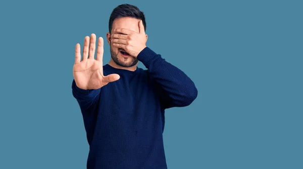 Young Handsome Man Wearing Casual Clothes Covering Eyes Hands Doing — Stock Photo, Image
