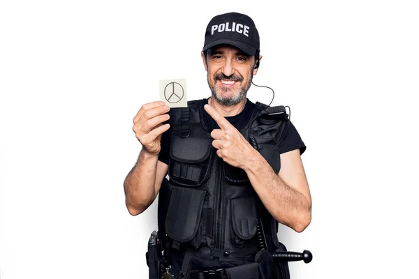 Polis Üniforması Giyen Orta Yaşlı Bir Polis Memuru Elinde Barış — Stok fotoğraf