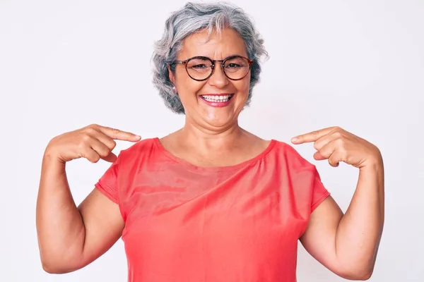 Senior Hispanic Grey Haired Woman Wearing Casual Clothes Glasses Looking — Stock Photo, Image