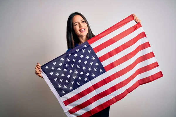 Ung Vacker Brunett Patriotisk Kvinna Med Blå Ögon Ler Glad — Stockfoto