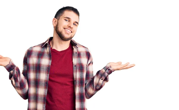 Young Handsome Man Wearing Casual Shirt Smiling Showing Both Hands — Stock Photo, Image