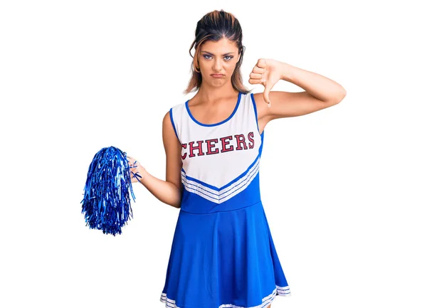 Young Beautiful Woman Wearing Cheerleader Uniform Looking Unhappy Angry Showing — Stock Photo, Image