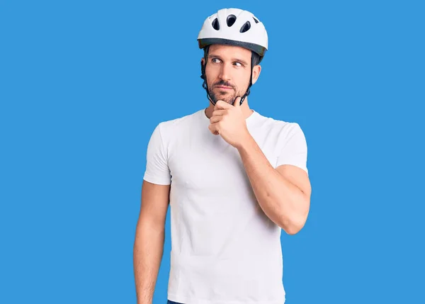 Young Handsome Man Wearing Bike Helmet Hand Chin Thinking Question — Stock Photo, Image