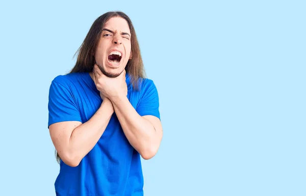 Young Adult Man Long Hair Wearing Swimwear Shouting Suffocate Because — Stock Photo, Image