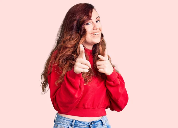 Young Beautiful Woman Wearing Casual Winter Sweater Pointing Fingers Camera — Stock Photo, Image